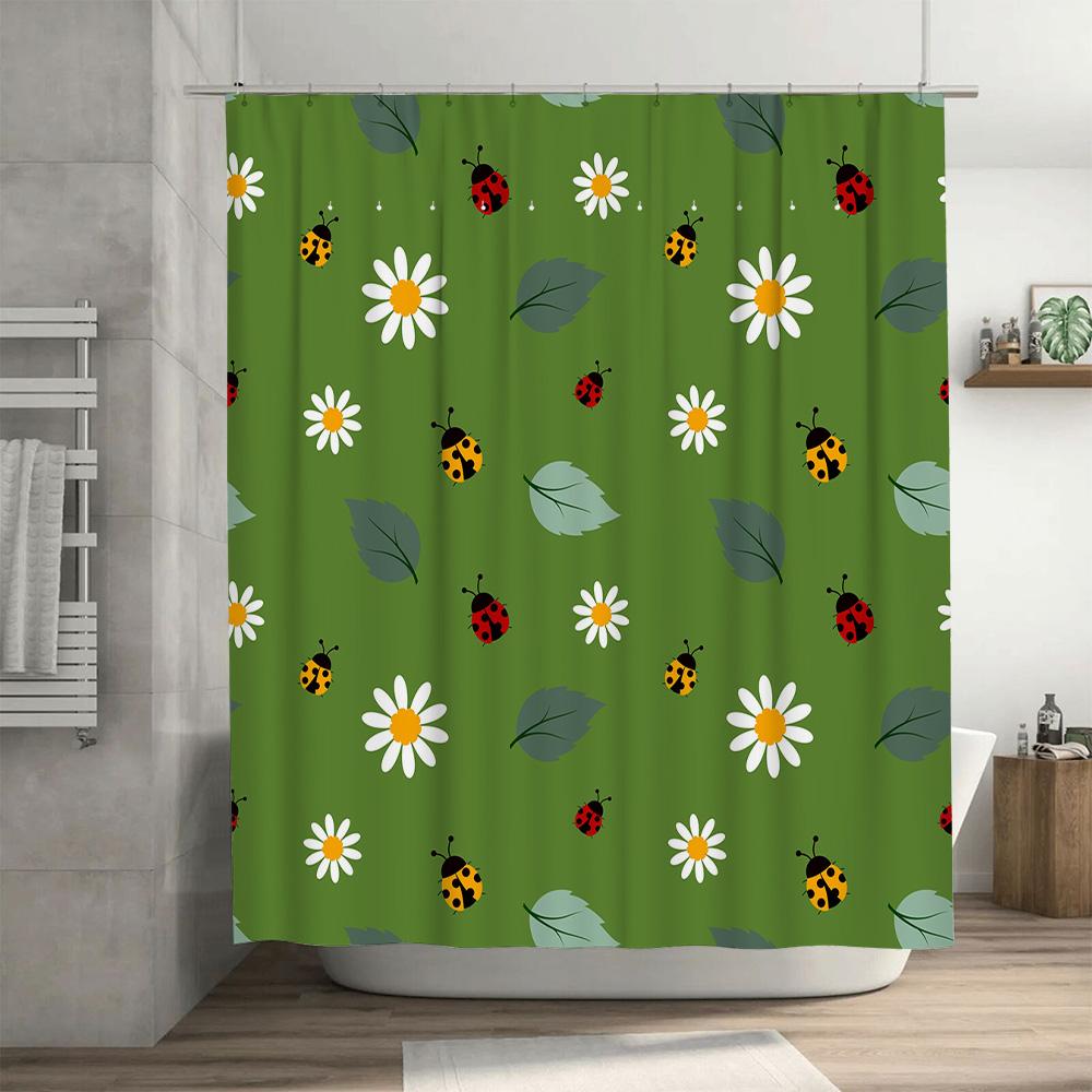 Green Bathroom Shower Curtain With Flower Leaf Insect Print, Modern Waterproof Decorative Fabric For Bathtub, Home Decor Item