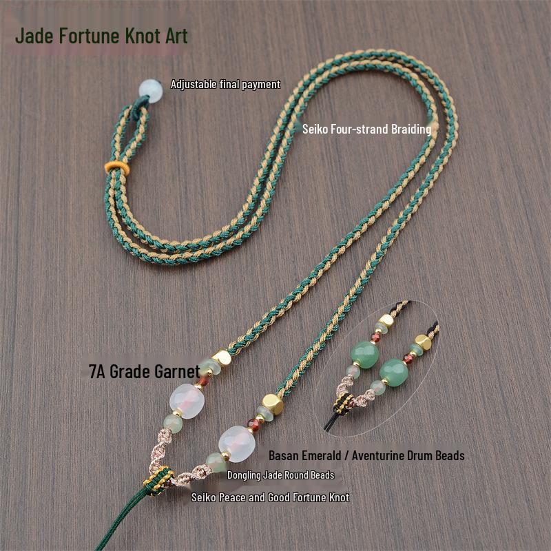 Four-Strand Braided Necklace Lanyard with Jadeite, White Agate, and Dongling Jade Pendant