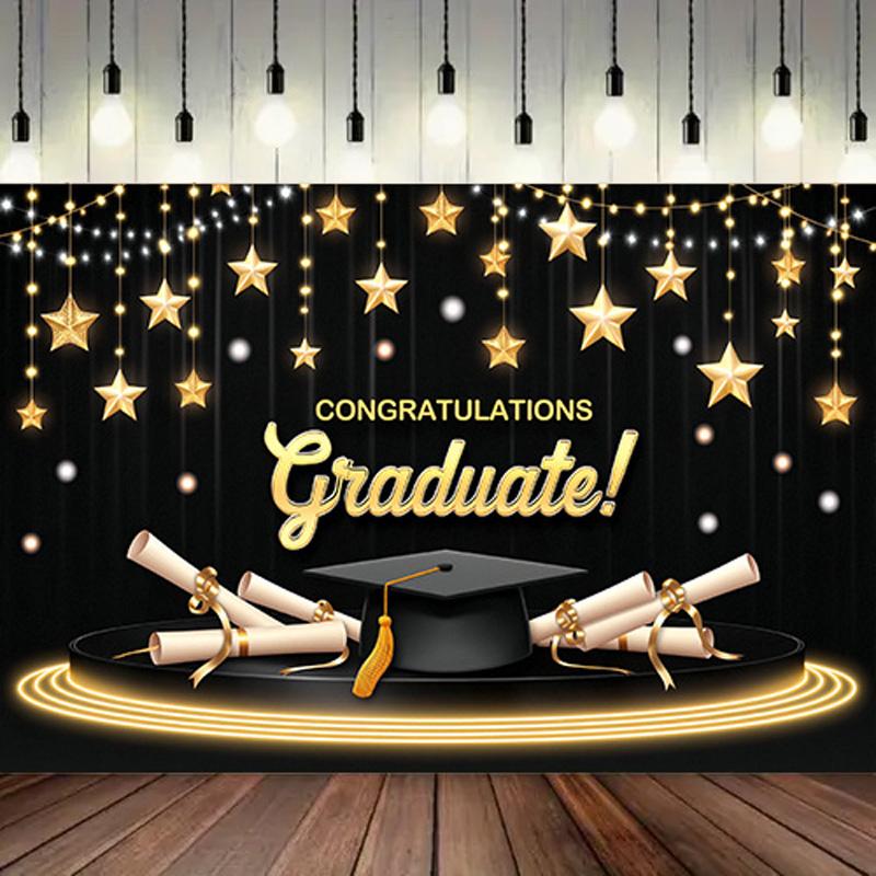 Studentfest Banner med Studentmössa&Examensbevis&Stjärna Design, Bakgrund för Hemträdgårdsfiranden, Studentfest Dekoration