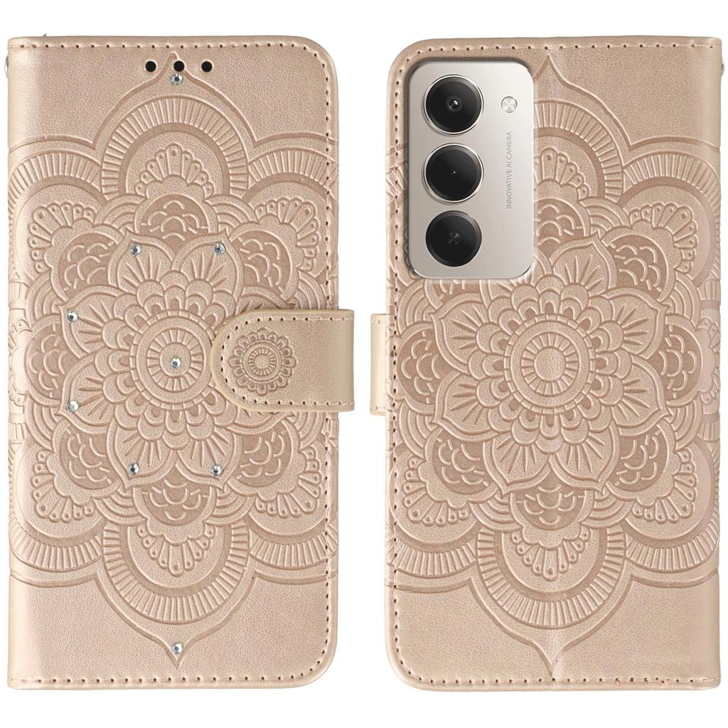 For Xiaomi Redmi 15 5G Case Rhinestone Decor PU Leather Mandala Imprinted Design Phone Cover with Wrist Strap
