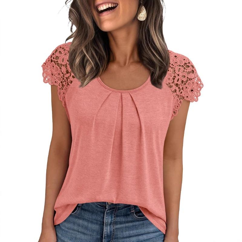 Summer Women's Lace Sleeve Hollow Short Sleeve Round Neck Loose T-shirt