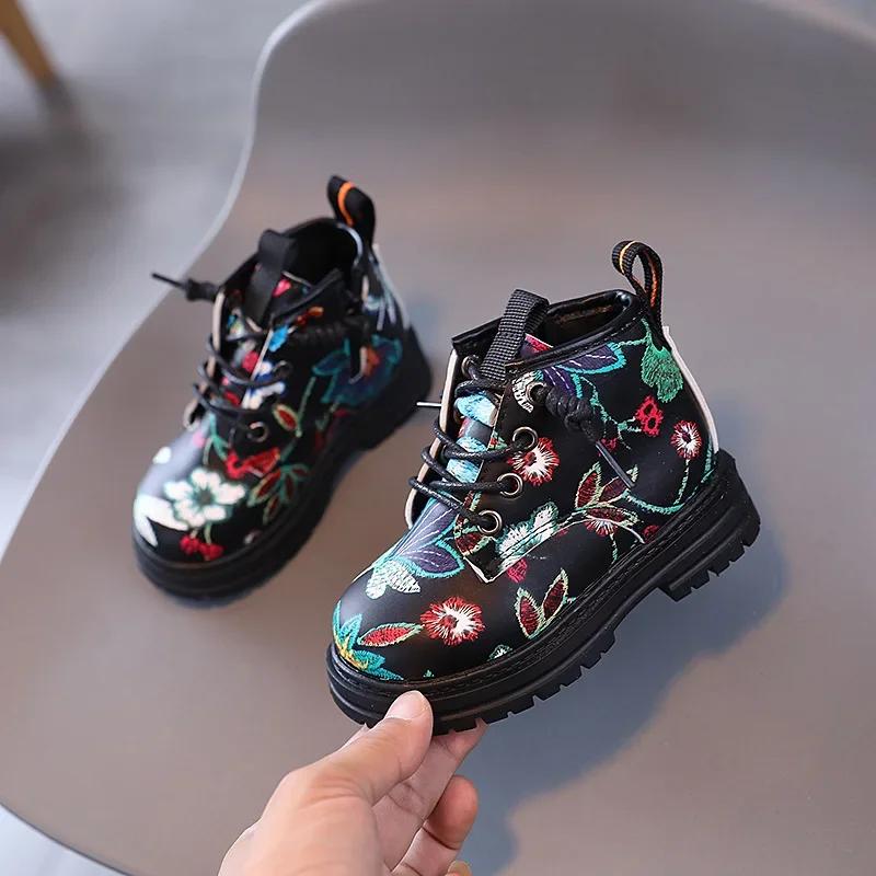 

Retro National Floral Printing Ankle Boots for Kids Girls Cozy Spring Autumn Cotton Boots Shoes Girl Fancy Shoes Child H08121 21 чорний