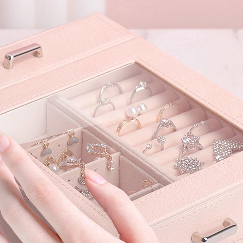 Smyckeskrin i PU Smyckesorganisatör Multifunktionell Förvaringsväska med Klart Fönster för Halsband Armband Ringar Örhängen