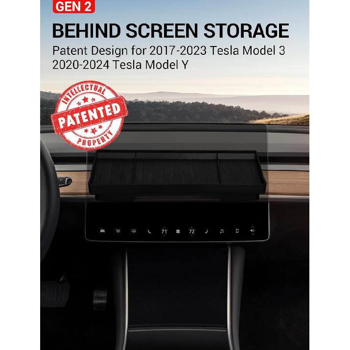 BASENOR Tesla Model Y Model 3 Center Console Behind Screen Storage Box, Dashboard Hidden Organizer Tray Sunglasses Holder For 2017- Model 3 -2024