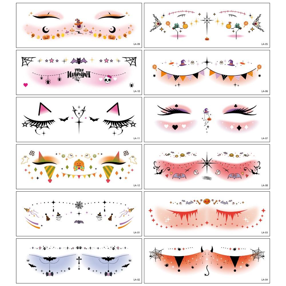 12pcs Waterproof Halloween Face Tattoo Portable Halloween Bat Face Stickers  Enhance Atmosphere