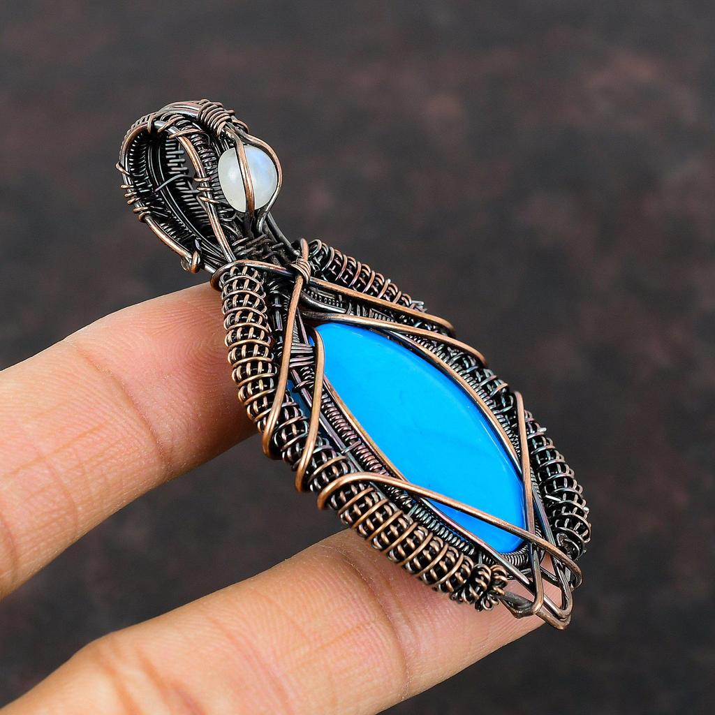 Pingente de turquesa da Bela Adormecida, fio de cobre enrolado, pingente de pedra da lua arco-íris, joia de cobre feita à mão, pingente de pedra preciosa para presente