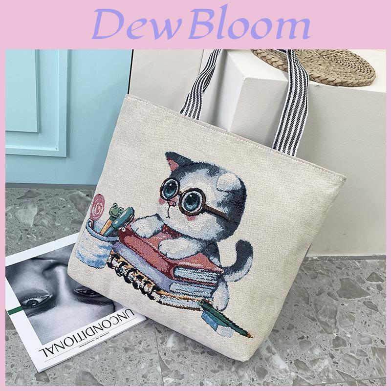 Canvas Tote Bag With Embroidered Cartoon Designs Large Capacity For Daily Use