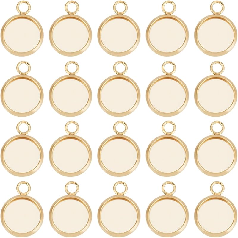 Beebeecraft 1 Box 40Pcs Flat Round Charm 24K Gold Plated Brass 12mm Blank Bezel Tray Charms Cabochon Settings with Loop for Jewelry Making