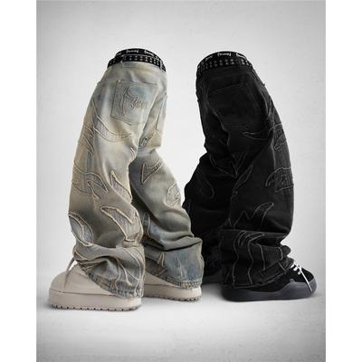 Y2k Streetwear Retro Rozstrapkané Okraje Výšivka Široké Džínsy Muži Ženy Móda Hip Hop Osobnosť Patchwork Vysoký Pás Džínsové Nohavice