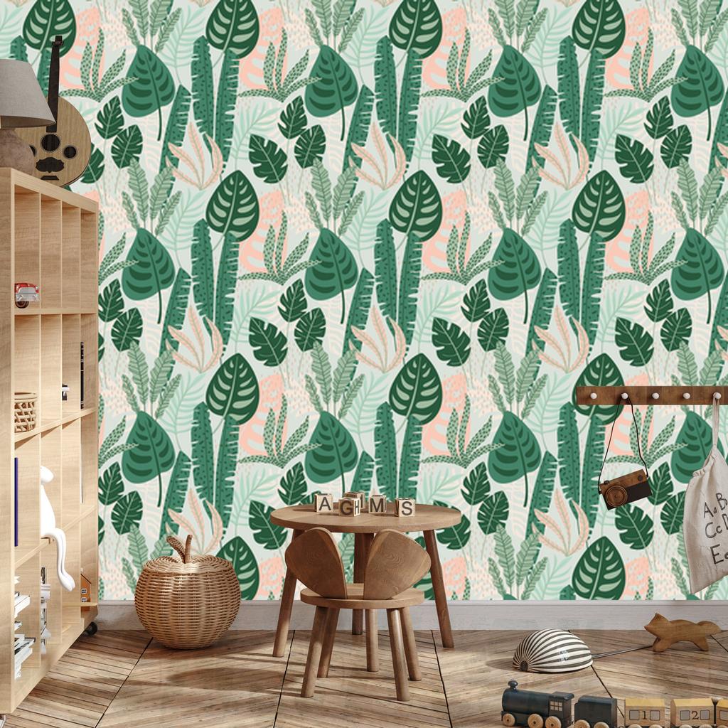 Green and Pink Leaves Wallpaper for Living Room and Bedroom 50x1000