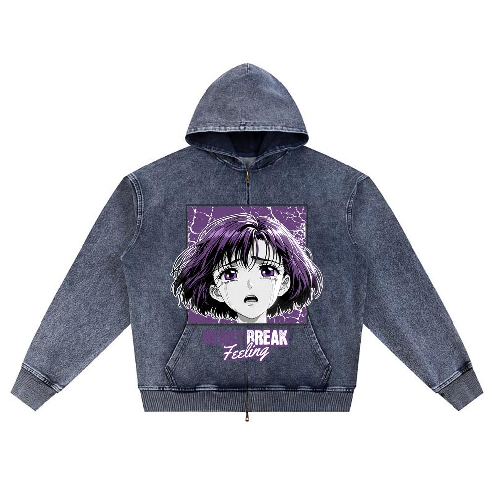 

DTG print Knitted Denim Zip-Up Hoodie Heartbreak Feeling Brother Print Zipper Hoodies XL