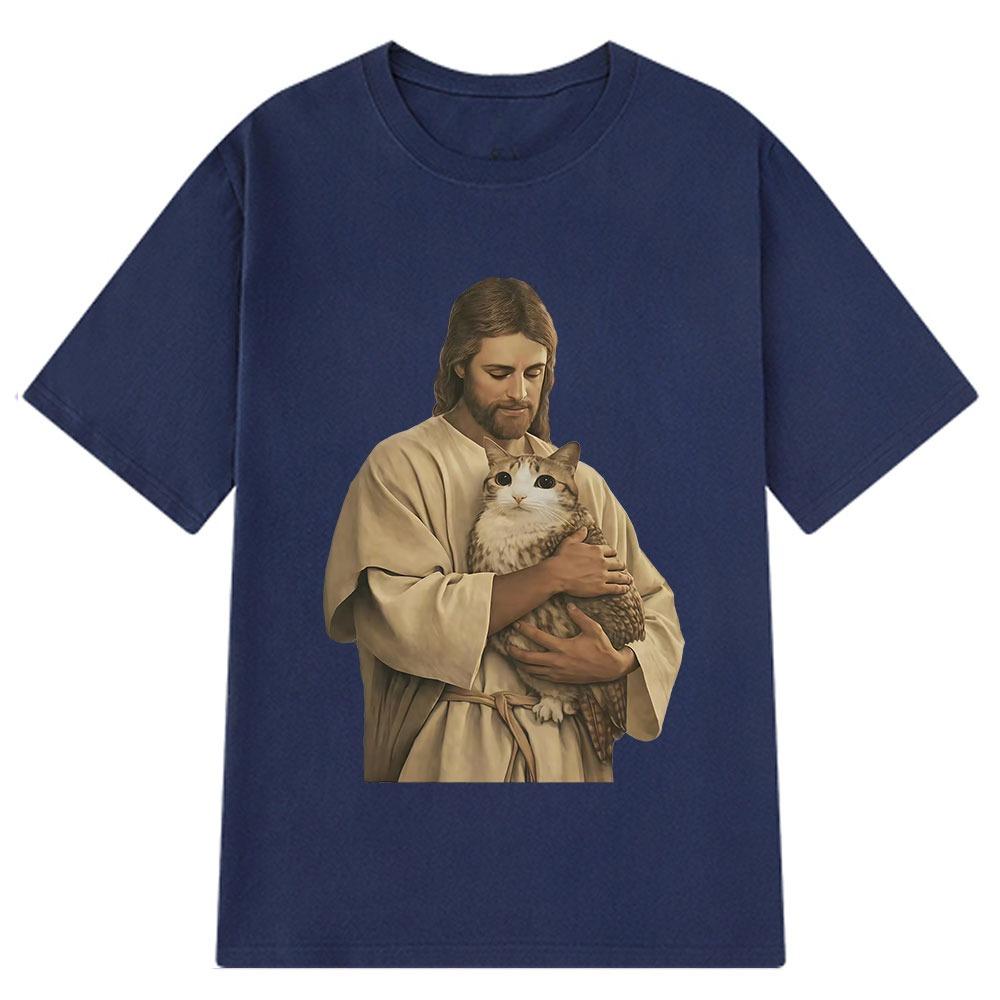 Funny Jesus Holding Meowl Funny Cat Meme T Shirt Unisex Unisex Harajuku Vintage Tshirt Shortsleeved Loose Cotton Hiphop Tshirts