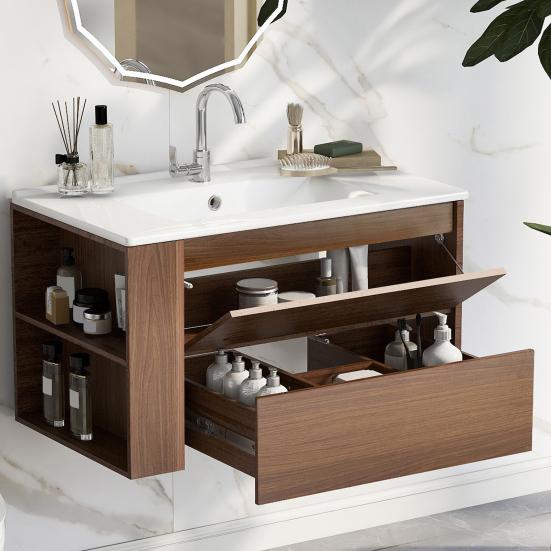 Bathroom Sink Cabinet with Drawer Modern White Wood Grain Heavy Duty Lavatory Wall Mount Ceramic Wash Basin Vanity Cabinet