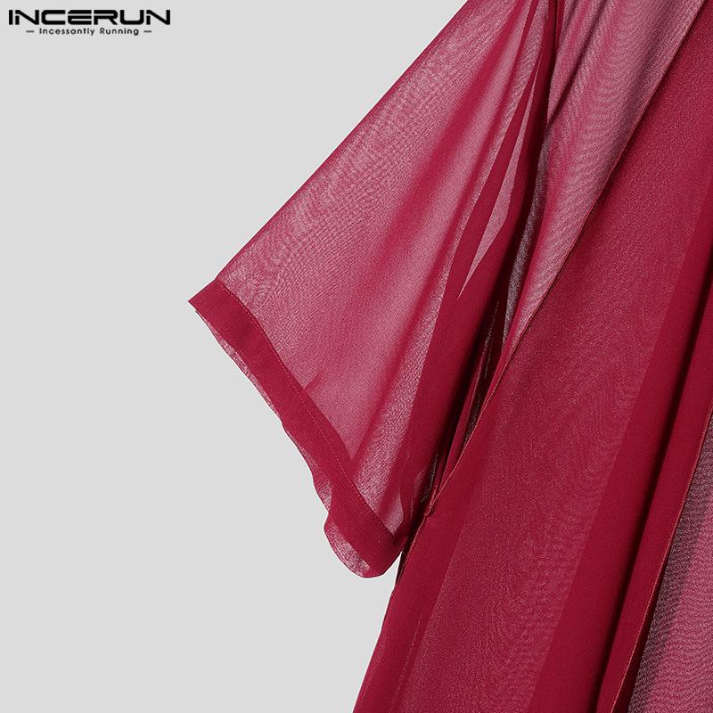 INCERUN Men Stand Neck Short Sleeve Double Layers Buttons Mesh Sheer Casual Shirts