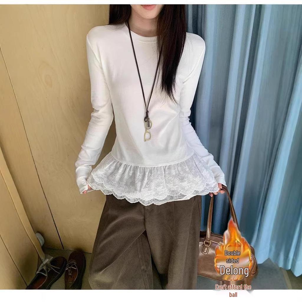 Korean Lace Thermal Slim-Fit Women's Long-Sleeve T-shirt, Autumn/Winter 2025 Style