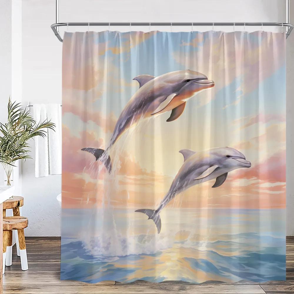 Ocean Animal Shower Curtain Blue Whale Dolphin Seahorse Marine Life Nature Bathroom Decor Sea Poltester Bath Curtain with Hook