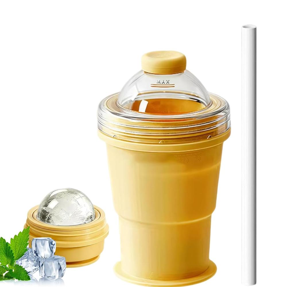 

Folding Ice Cube Cup, 2-In-1 Collapsible Ice Ball Cup With Straw & Lid, Foldable Silicone Ice Cube Tray & Travel Cup, for Coffee