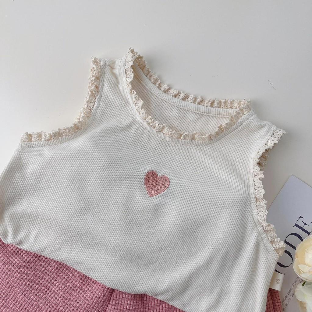 Adorable Korean Style Summer Two Piece Set For Girls Featuring Heart Embroidery And Soft Cotton Fabric