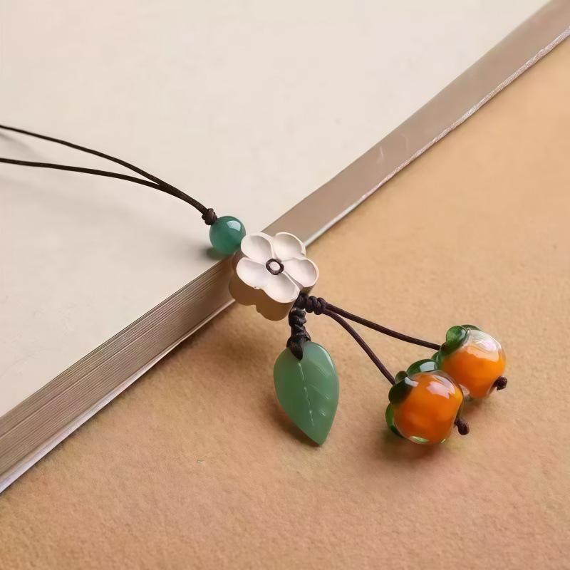 Glazed Persimmon Phone Lanyard & Car Keychain with Retro Chinese Leaf Design
