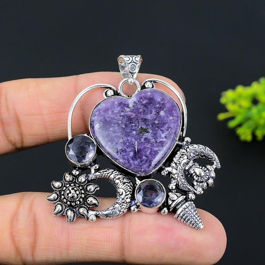 Natural Lepidolite Stone Gemstone 925 Sterling Silver Gift Pendant 2.05" K1O00