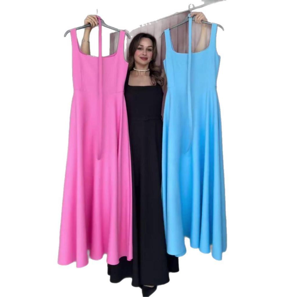 2025 Summer European & American Sleeveless French Low-Cut Belted Long Dress for Women