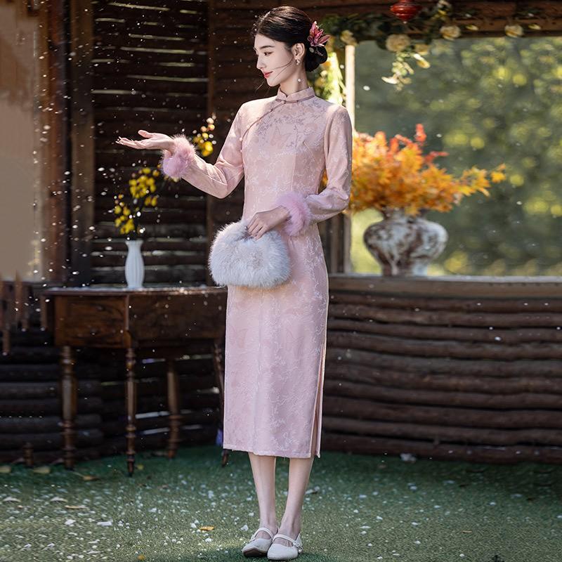 Womens Long Sleeve Winter Warm Chinese Style Qipao Dress With Fleece Lining Pink Yellow Plus Size S-3XL