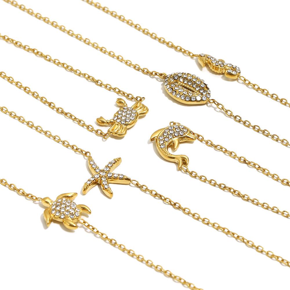 Stainless Steel Sea Turtle Starfish Seahorse Pendant Gold Color Chain Bracelet for Women Luxury Rhinestone Summer Ocean Jewelry