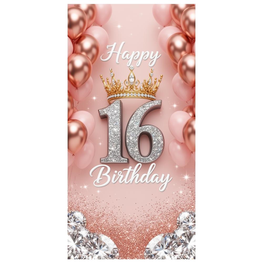 16th Birthday Banner Rose Gold Balloons Glitter Birthday Backdrop 16th Birthday Door Cover Rose Gold Glitter For Sweet 16