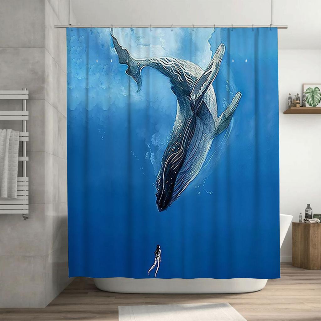 Whale and Diver Artistic Design Waterproof Shower Curtain Heat Resistant Machine Washable Non-Transparent 180x180cm