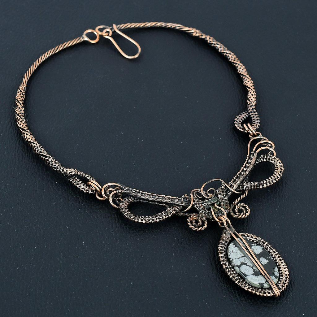 Snowflake Obsidian Necklace, 999 Copper Wire Wrapped Gemstone Handmade Dainty Jewelry Necklace, Adjustable Chain Necklace Gift For Her