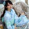 RAVIR Yukata Light Blue with Abstract Floral Fluffy Obi and Geta One Size Fits All Women's 3-Piece Set, Pattern, Belt, Sandals,