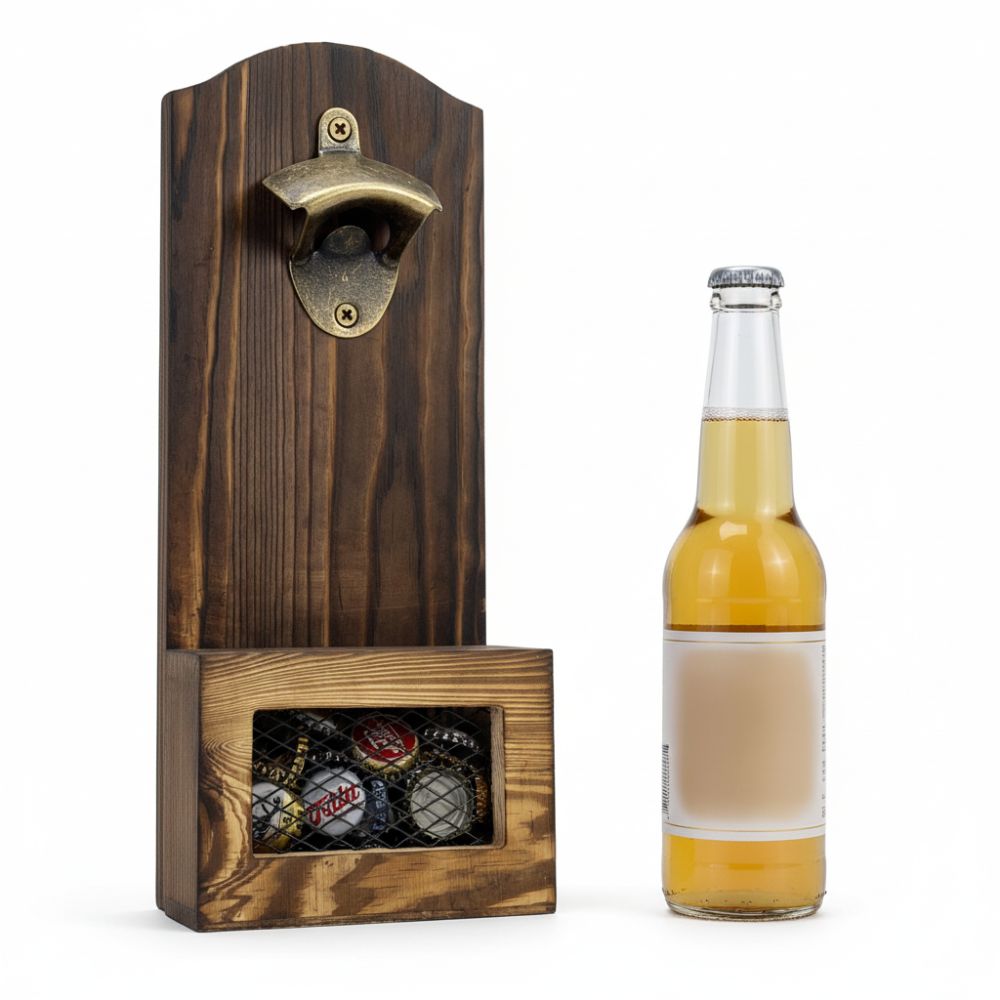 Wall Mounted Wooden Bottle Opener Vintage with Cap Catcher Bottle Opener 2-in-1 Opener Catcher Wooden Beer Opener