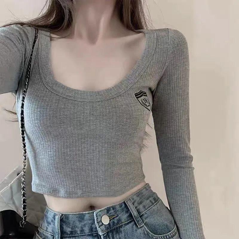 

Сексуальный женский укороченный трикотаж с высокой талией и длинным рукавом, пуловер с круглым вырезом, уникальный шикарный весенне-осенний новый короткий топ, мода 2023 XL серый