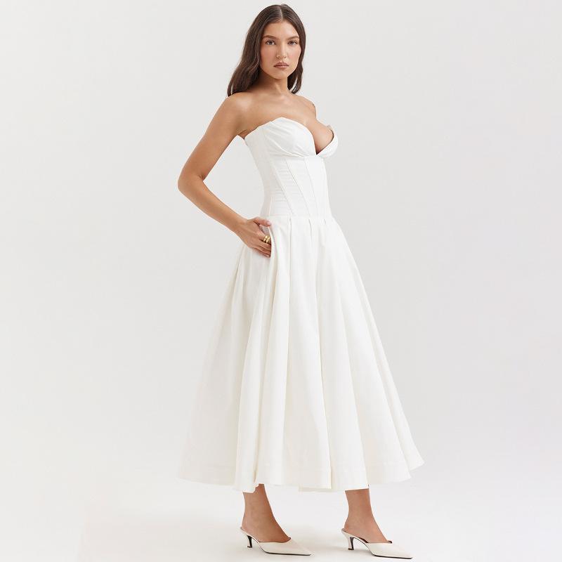 New Sexy Tube Top Deep VA Word Skirt Fashionable Crumpled Sleeveless Backless Long Dress European and American Style Dress