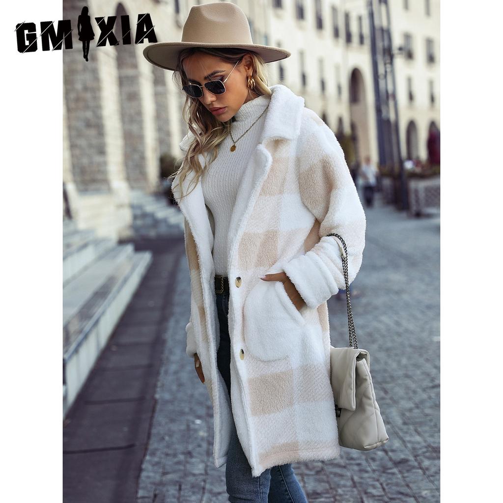 GMXIA Women's Autumn and Winter Coat: Checkered Printed Suit Collar Single-breasted Plush Long Coat