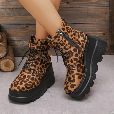 2025 Damenschuhe Große Größe Knöchel Damenstiefel Hoher Absatz Moderne Stiefel Damen Leopard Seitenreißverschluss Schnürung Keilabsatz Damenschuhe