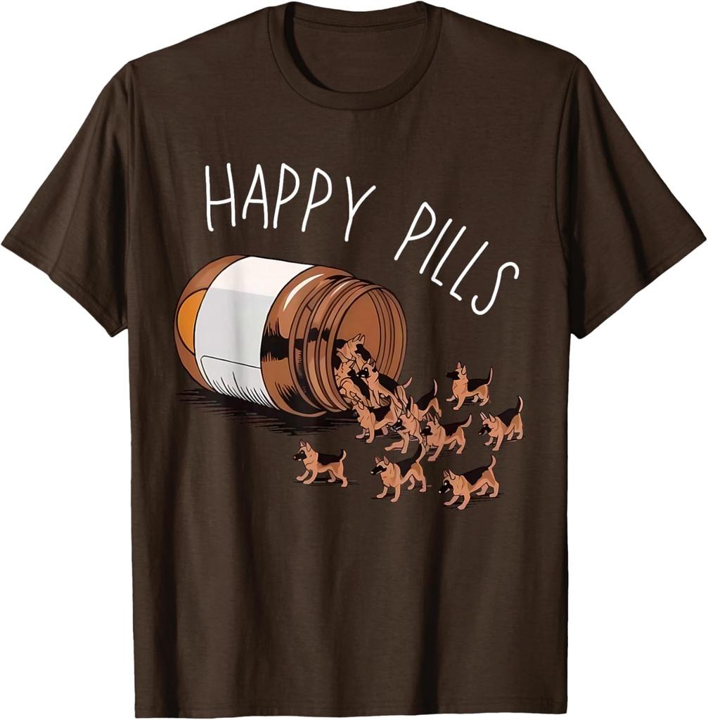 Happy Pills German Shepherd Dog Lovers Graphic Print TShirt Casual Wear Cotton Tee