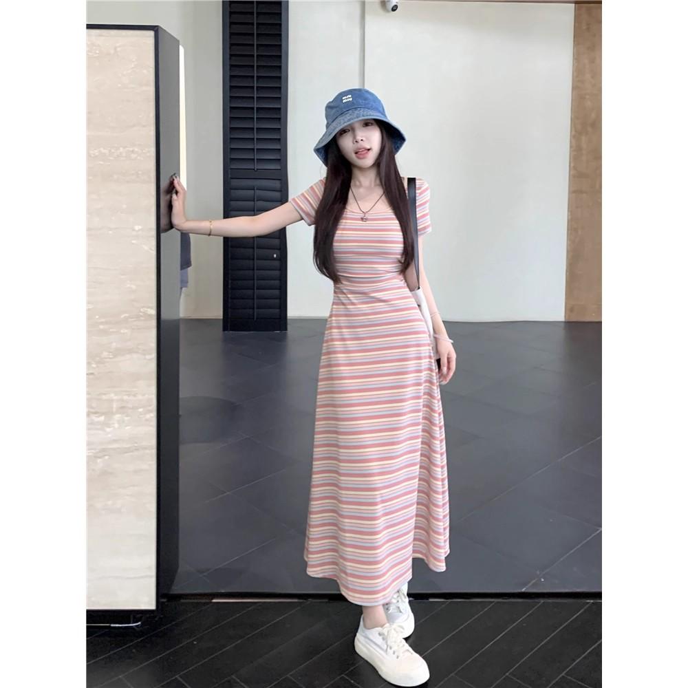 Color striped U-neck short-sleeved dress women's summer new dopamine sweet and spicy waist and thin niche short skirt