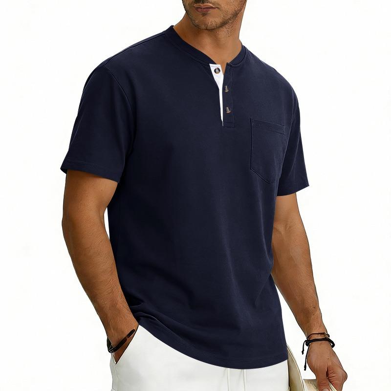 Men Henley Neck Short Sleeve T Shirt With Chest Pocket Casual Solid Color Tops