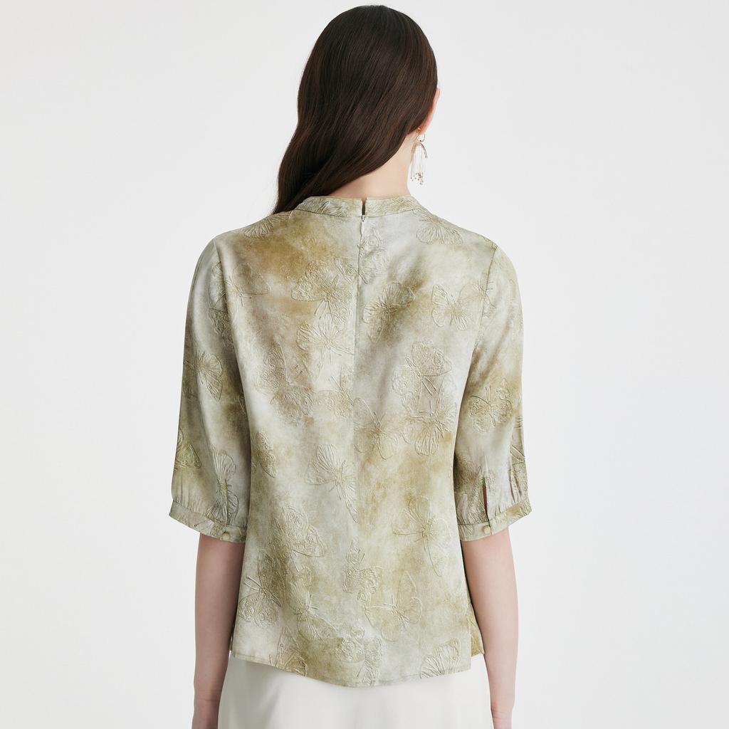 Heavy Industry Butterfly Jacquard Mulberry Silk] Spring and Summer Round Neck Elegant Temperament Noble Short Sleeve Versatile Shirt for Women