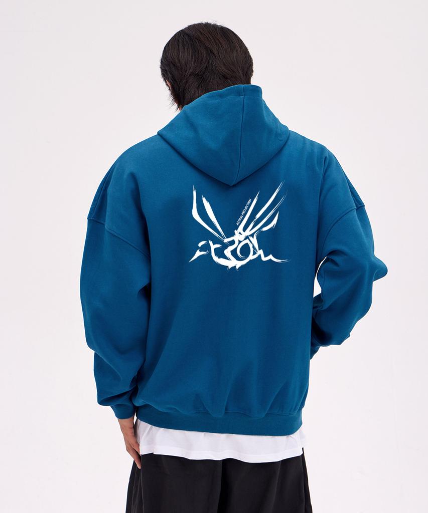 Astral Projection Crows Oversized Wide Shoulder Zip-Up Hoodie_Teal Blue