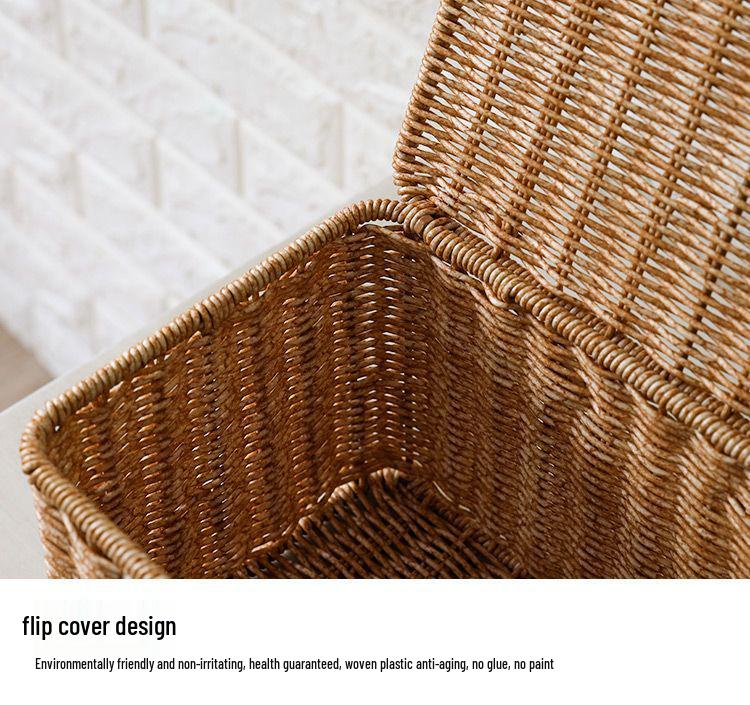 Nordic Style Rattan-Look Woven Storage Box with Lid for Bedroom and Household Organization.