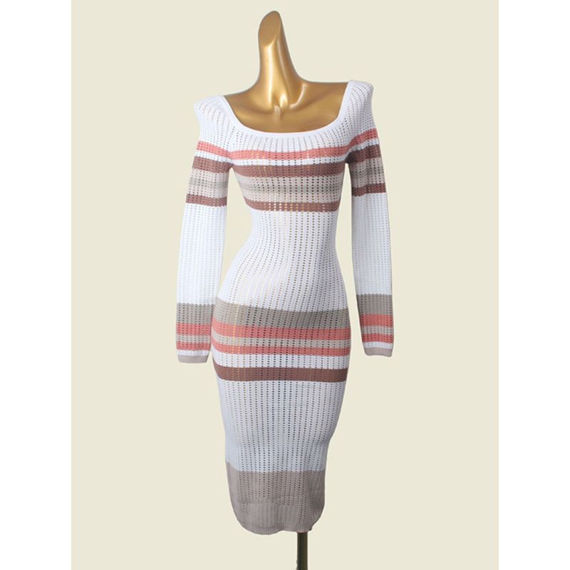 French Style Square Collar Sexy Sheath Long Dress Foreign Trade Original Order Slim Fit Long Sleeve Knitted Hollow Temperament Dress