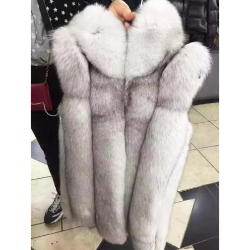 S-4XL Winter Warm Striped Faux Fox Fur Thick Overcoat Women Casual Long Vest Female Open Stitch Cardigan With Hat Slim Coat