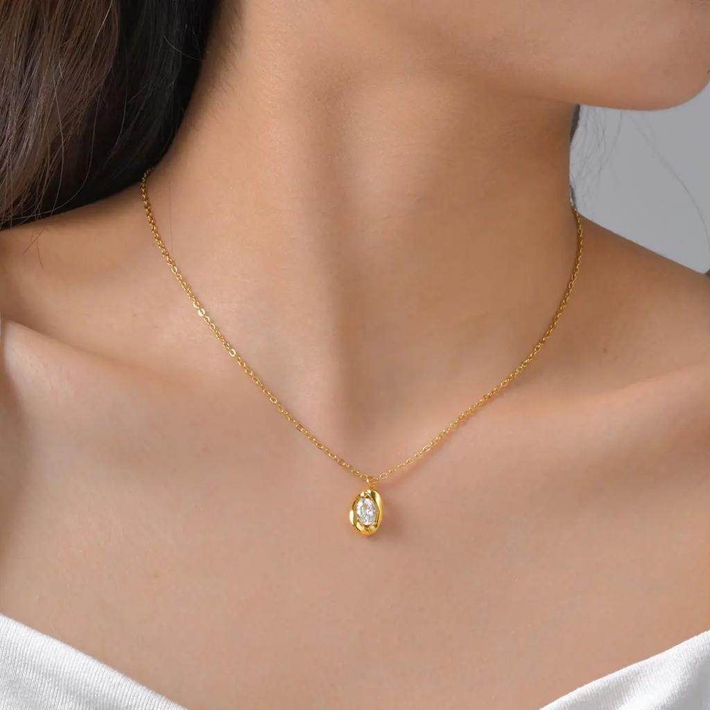 Oval White Zircon Pendant Necklace Earrings for Women,Gold Color Stainless Steel Necklaces,Exquisite Jewelry Gifts