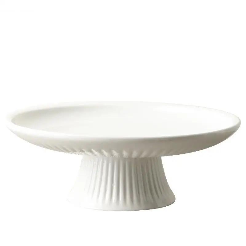 Round High Foot Fruit Tray Ceramic Snacks Dessert Plate Home Solid Color Tableware Bread Cake Display Plates Kitchen Accessories
