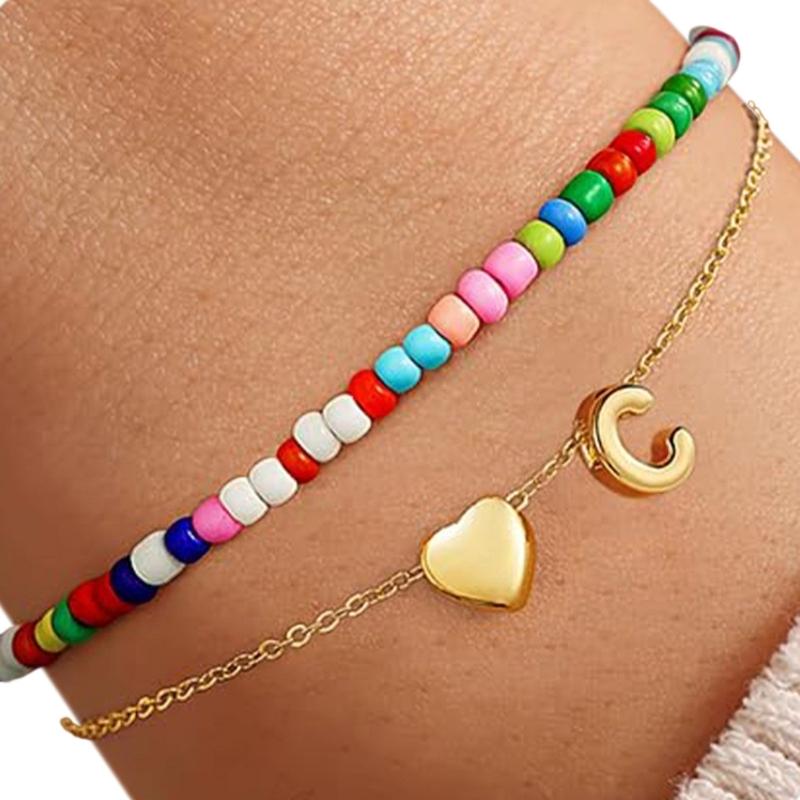 Double Layer Heart Beaded Bracelet Feature Initial Charm Letter Fashion Copper Jewelry Gift For Teen Girls Women