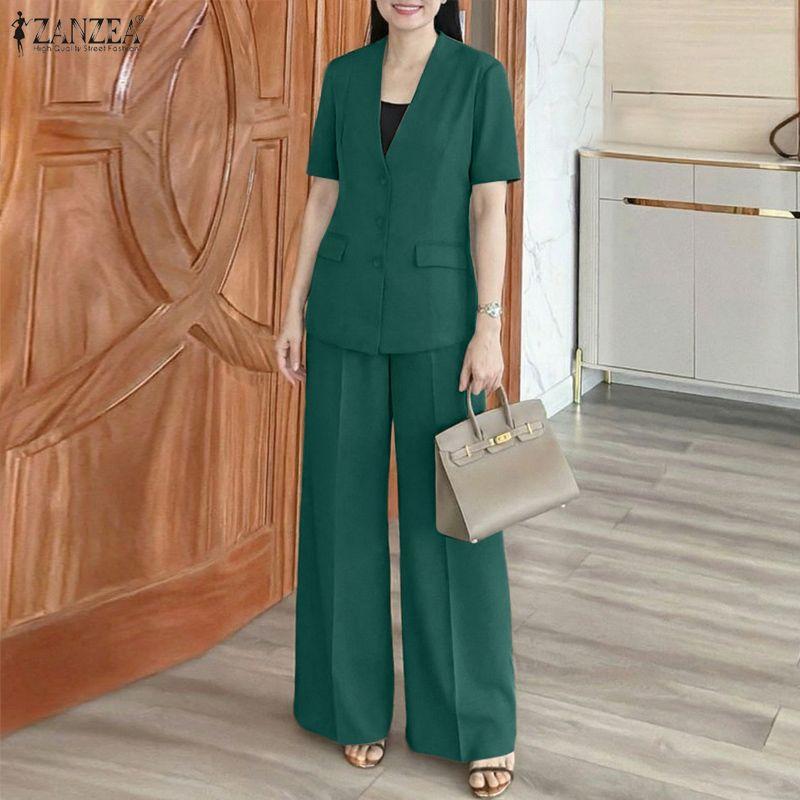 ZANZEA Women Short Sleeve Cardigan Blouse and Pants Casual Two Piece Suit Sets