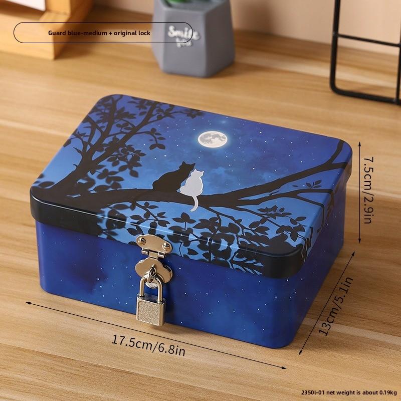 Retro Tinplate Box with Lock Key, Desktop Storage Box, Cosmetics, ID Storage, Household Jewelry Empty Box.
