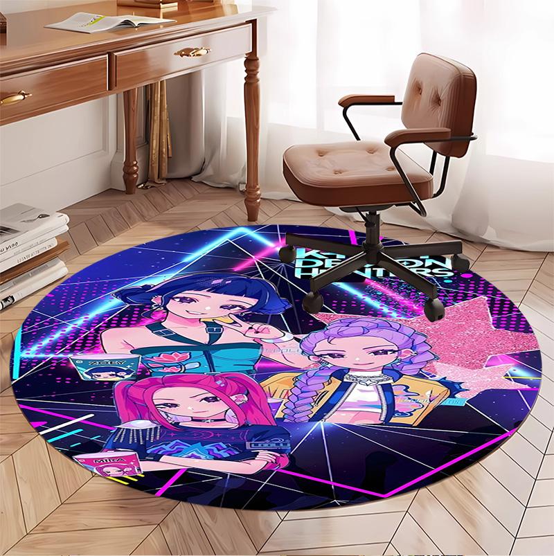 KPop Demon Hunters Pattern Round Rug, Indoor/Outdoor Mat, for Picnic, Gameroom, Bedroom, Office, Living Room, Home Decor Carpet, Birthday Gift
